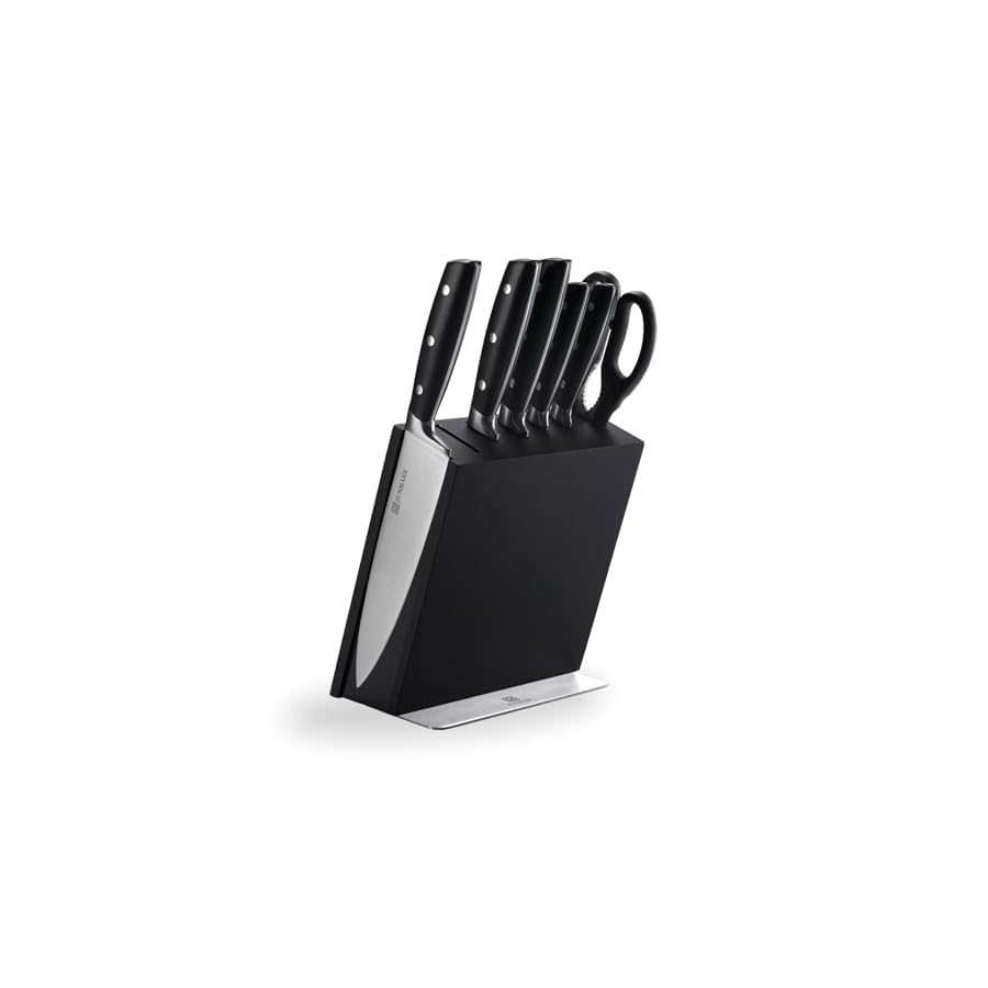 Knife Set, 7 Piece Sharp Chef Knife Set with Solid Wood Block, Unique One-Sided Magnetic Design, Full-tang Stainless Steel Knife Block Set for Home and Restaurants, Classic Elegant Black