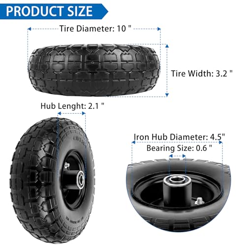 Image of 4.10 /3.50-4 Tires and Wheels Flat Free 10 Inch Solid Tires Replacement with 5 /8 inch Axle Bore Hole, 16 Spacers 8 Pins, for Cart, Garden Wagon, Wheelbarrow, Hand Truck, Trolley, Lawn Mower, 4P