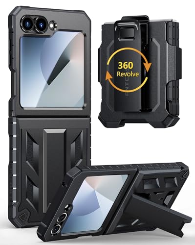FNTCASE for Samsung Galaxy Z-Flip-6 Case: Military Grade Protection Shockproof Cell Phone Cover with Belt Clip Holster & Kickstand | Protective Drop Proof Rugged Case for Z Flip 7 FE 2025-Black