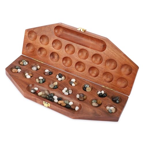 Ajuny Wooden Mancala Board Game Set with Colourful Stones 2 Players