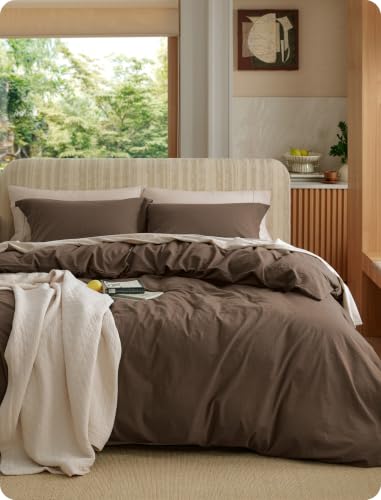 Image of Bedsure 100% Washed Cotton Duvet Cover Cal King - Brown Minimalist Bedding Set Linen Like - PureWoven Plain Simple & Soft Comforter Cover for All Seasons (Brown, California King, 104 inchx98 inch)