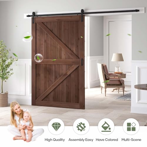 54x84 inch Sliding Barn Wood Door Slab with 9ft Hardware Kit and Handle, Coffee, K Shape, Simple DIY Assembly