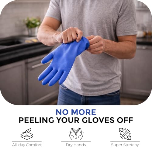 Image of LADWA Premium Rubber Cleaning Gloves, Blue Color Reusable Waterproof Gloves for Kitchen Cleaning, Dishwashing, Gardening and Bathroom Use with Anti-Slip Grip (Pack of 5 Pairs)