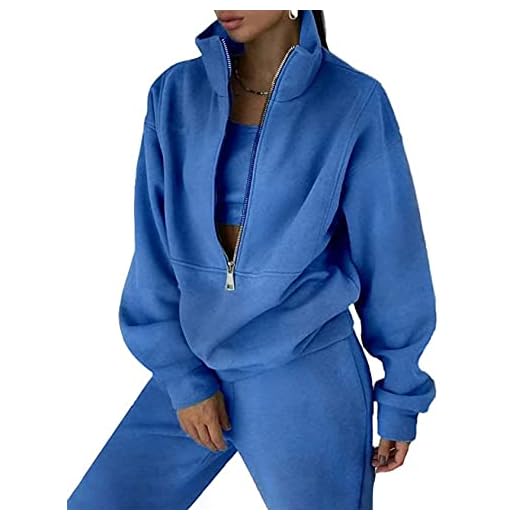 Flygo Womens Fleece 2 Piece Outfits Sweatsuit Half Zip Pullover Sweatshirt Joggers Pants Tracksuit Set (Blue-M)