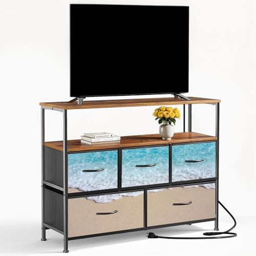 VETEB TV Stand with 5 Fabric Drawers Soft Wave Blue