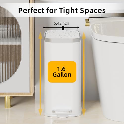 Image of KdbK Stainless Steel Bathroom Trash Can with Lid Soft Close,1.6 Gallon Slim Garbage can,Small Metal Step Wastebasket for Office, Bedroom, Toilet, White