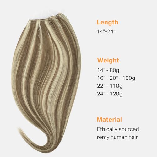 Image of DOORES Beaded Weft Hair Extensions Real Human Hair Straight, 24 Inch 120g Light Brown Highlight Medium Blone, Thick Ends Double Weft Bundles Hand Tied