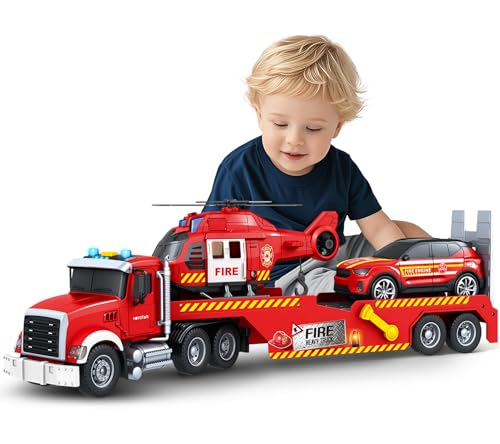 SpringFlower Extra Large Fire Truck Toys for Boys Girls with Racing Car and Helicopter, Lights, Sounds, Semi Truck Vehicle Toy for Toddlers 3 4 5 6 7, Christmas Birthday Gift