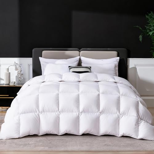 LESNNCIER Goose Feather Down Fiber Comforter Oversized King Size, Ultra Soft Medium Warm Duvet Insert, All Season Luxury Hotel Bedding Comforters with Corner Tabs(White,116x94)