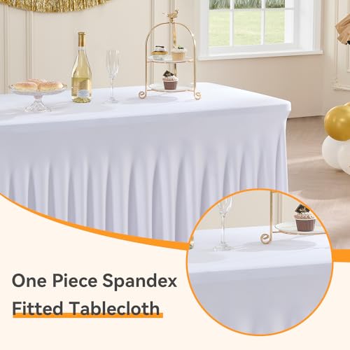 Image of Outpain White Spandex Table Clothes for 8 Foot Rectangle Tables-3Pack 8FT Spandex Fitted Table Cover, Wrinkle Free Tablecloths with Skirt for Parties, Wedding, Birthday, Banquet, Festival