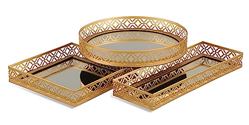 Image of Decorative Mirror Tray for Serving (Rectangular, Square, Round), (Gold) Set of 3 Pcs