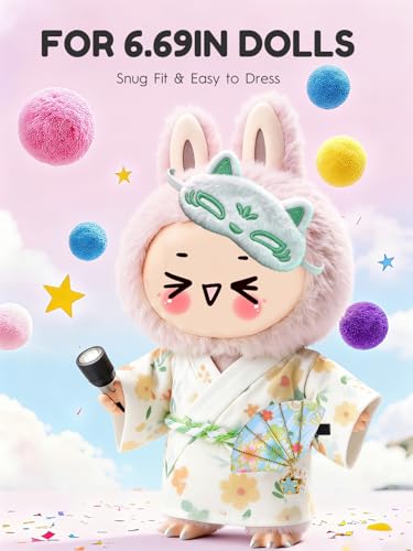 Image of Clothes for LABUBU 6.7inch (17cm) Doll, Cute Outfit Small Dress and Hairpin, Dress Up, Accessories (No Doll) (Green Kimono)