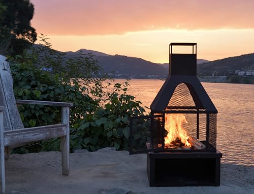 43 H Living Outdoor Wood Burning Fire Pit with Wood StorageChiminea Fireplace with Mesh Spark Screen Doors Black