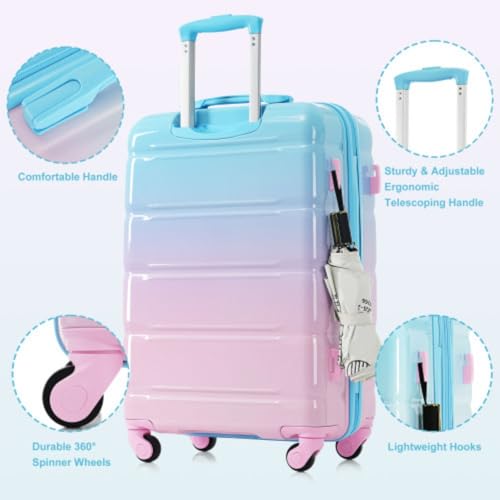 3-Piece Trolley Set, 20" with USB Port, Airline Certified Carry-On Luggage, ABS+PC Hard Shell Luggage with Spinner Wheels, Light Blue and Pink2