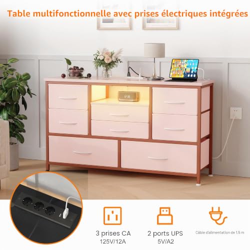 Baloveby Commode à 8 Tiroirs, Meuble TV avec Lumière LED, Station de Charge, Commode pour Chambre, Salon, Couloir avec Structure en Métal, Plateau de Table en Bois (Rose) – vue 5