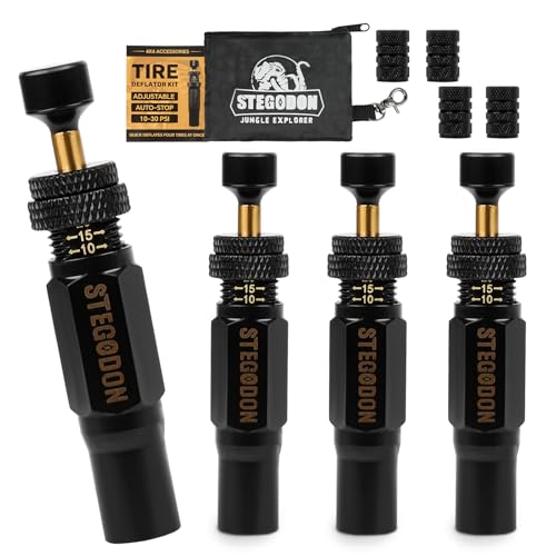 STEGODON Adjustable Auto-Stop Tire Deflator Valve Kit (10-30 PSI) 4 PCS Tire Air Down Tool for Off-Road Jeeps Trucks SUVs Offroad 4x4 Accessories with Storage Pouch