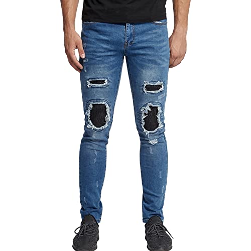 Jean denim destroy élastique avec patchwork plissé style motard skinny