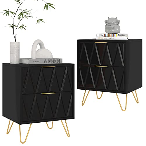 Black Nightstand Set of 2 Modern Bedside Table with 2 Drawers Storage Wood End Side Table Night Stand with Gold Legs for Bedroom Living Room