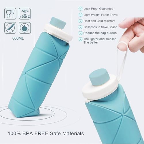 Image of 600ml Folding Silicone Water Bottle Sports Water Bottle Outdoor Travel Portable Water Bottle with Leak-Proof Lid Space-Saving Portable Bottle for Travel, Gym, Hiking, Camping (BLUE)