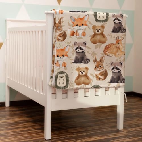 Image of Cute Animals Baby Blanket for Boys Girls Cute Bear Raccoon Deer Rabbit Hedgehog Retro Floral Flannel Swaddle Blanket Soft Receiving Blankets Nursery Toddler Newborn Daycare Bed Blankets 60x80