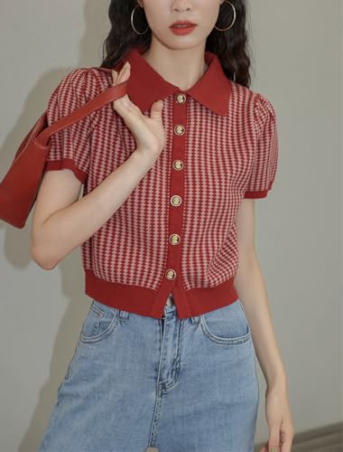 CHARTOU Women Short Sleeve Sweater Polo Collar Button Down Diamond Crop Shirt Cardigan2