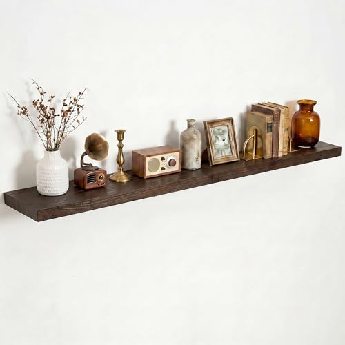 Image of Dreamland 55 Inch Floating Shelves for Wall, Solid Elm Wood Wall Shelves for Living Room, Bedroom, Kitchen, Bathroom, Wall Mounted Long Floating Shelf Set of 1, Walnut