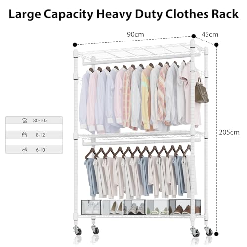 Image of Homdox 3 Tier Heavy Duty Garment Rack with Wheels, Adjustable Wire Clothes Rack with Double Hanging Rods, Portable Closets for Hanging Clothes with Side Hooks, White