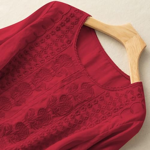 Linen Shirts for Women Summer Red L - 3/4 Sleeve Boho Embroidered Tops Summer Gauze Shirts Crewneck Peasant Blouses Summer Casual Beach Vacation Loose Fit Clothes