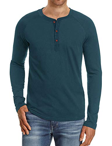 Yameekamulga Men's Long Sleeve Casual Collarless Henley Style T-Shirt Polo Shirt Plus Size Dark Blue