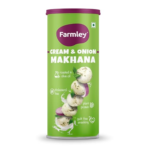 Image of Farmley Roasted Flavoured Makhana | Cream & Onion Roasted Makhana | Namkeen Snacks & Snacks | Healthy Snack | Cholesterol Free | Gluten Free | Rich In Protein Fiber | Roasted in Olive Oil - 83g Jar