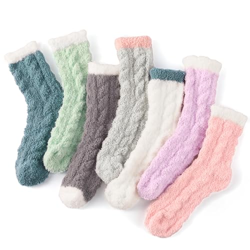 Fuzzy Socks for Women - 7 Pair Fuzzy Socks with Grip, Cozy Slipper for Women, Womens Soft Comfort of Coral Fleece, Twist