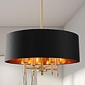 Fminlla Black Drum Chandelier Gold Drum Shade Chandelier 4-Light Modern Linen 17.75“Chandeliers Light Fixture for Dining Room, Bedroom, Kitchen Island, Living Room, E12,Rod Adjustable