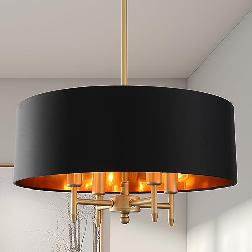 Fminlla Black Drum Chandelier 4-Light Gold Drum Shade Chandelier Modern Linen 17.75“Chandeliers Light Fixture for Dining Room, Bedroom, Kitchen Island, Living Room, Foyer,Entryway, E12,Rod Adjustable by Fminlla - Used condition - US$68.45