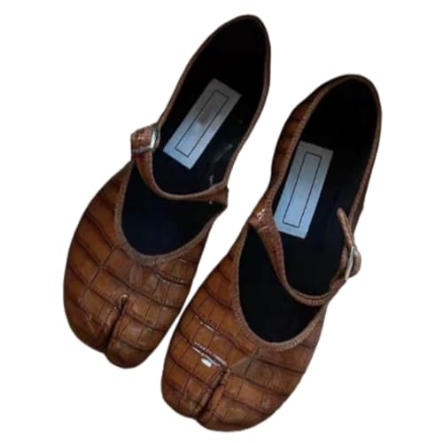 Genuine Leather Tabi Shoes Split Toe Patent Leather Checkered Mary Jane Ballet Flats Ankle Strap Slip On for Women Minimalist Fashion Dress Shoes