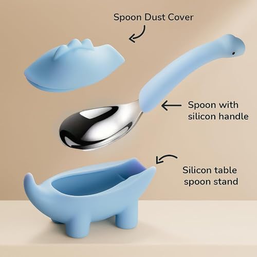 Image of Silicone Spoon for Baby, Blue Baby Feeding Spoon, Silicone Kids Spoon with Dinosaur Case, 1 Pc, Travel Friendly Mealtime Utensil, Daily Feeding Essential