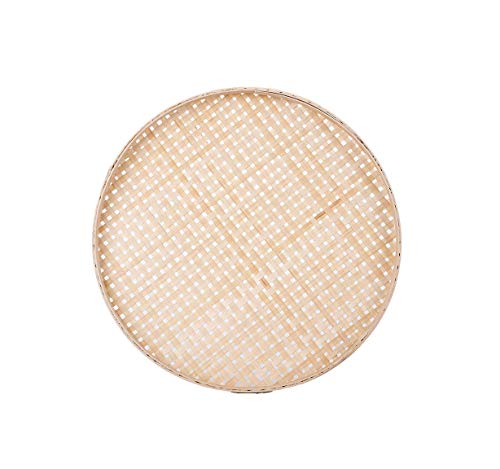 100% Handwoven Flat Wicker Round Fruit Basket Woven Food Storage Weaved Shallow Tray Organizer Holder Bowl Decorative Rack Display Kids DIY Drawing Board (Sqaure Hollow-Bamboo White, 18cm/7