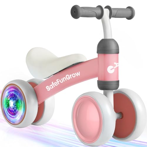 Image of Colorful Lighting Baby Balance Bike Toys for 1 Year Old Girl Gifts, Balance Bike 1 Year Old No Pedal, 12-24 Months Toddler Ride on Toys with 4 Silent Wheels & Soft Seat, 1st Birthday Gifts, Pink