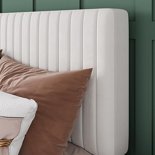 image for Allewie King Bed Frame, Velvet Upholstered Platform Bed with Adjustabl