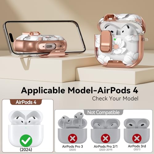 Image of for AirPods 4 Case, with Safty Lock & Phone Stand for Floral AirPods 4th Generation Case Cover for Women Girly, iPod 4 Case with Keychain & Cleaner Kit -White Lily