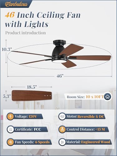 46-Inch Modern Indoor Ceiling Fan with Lights and Remote - Low Profile, 3CCT, 6-Speed Quiet DC Motor (Black)