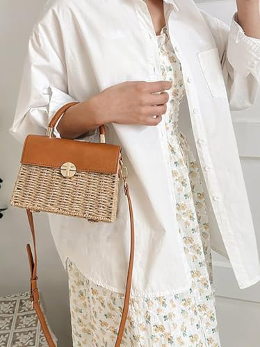 Image of Women Handwoven Straw Purse Rattan Handbag Beach Woven Straw Tote Square Bag Boho Basket Crossbody Bag