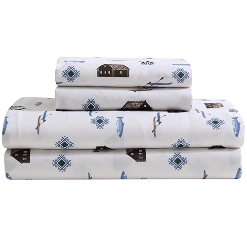 Beatrice Home Fashions Cozy Cabin 4-Piece Queen Microfiber Bedding Sheet Set with Deep Pockets Rustic Patchwork Plaid Deer, Lake Day