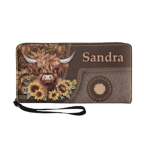 Image of Bulopur Womens Wallet Wristlet Custom Name Sunflower Highland Cow Print Slim Purse Wallet Small Wallets For Women Coin Purse Id Card Holder Clutch RFID Long Wallets With Slots Zipper Around