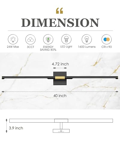 Image of 40 Inch Bathroom Light Fixtures, 24W 3CCT Dimmable Black and Gold LED Vanity Lighting Fixtures Over Mirror, 360?Rotatable Modern Bathroom Vanity Light Bar, AD-W9465-L100-BK
