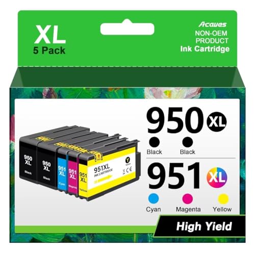 Acaves 950XL 951XL Combo Replacement for HP Ink cartridges Pack Compatible Officejet Pro 8600 Cartridges Work 8100 8110 8610 8615 8616 8620 8625 8630 8640 Printers,5 Pack,Black,Cyan,Magenta,Yellow