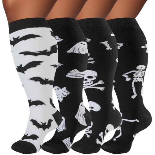 Image of Halloween Plus Size Compression Socks for Women & Men 4 Pairs, Wide Calf Extra Large 20-30 mmHg Knee High Support Socks for Travel, Running, Nurse