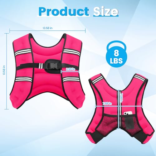 Ragebby Weighted Vest, 8lbs Vest for Men Women with Reflective Stripe, Body Weight Vests Adjustable for Workout, Strength Training, Running, Fitness, Muscle Building, Weight Loss(Pink)