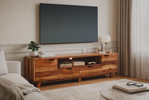 Image of DRIFTINGWOOD Regal Solid Sheesham Wood Modern TV Console for Upto 65 Inch TV, Entertainment Center with 5 Storage Compartments, Neutral Finish