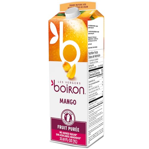 Les Vergers Boiron Mango Fruit Puree, 100% Fruit, All Natural, No Added Sugar, Non-GMO, No Preservatives, No Added Flavors, Vegan, For Beverages & Cocktails, 1 Liter, 33.8 Fl Oz (Pack of 1)