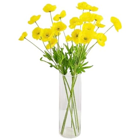 Corkwaw 6 Pcs 23.6" Artificial Poppy Silk Fake Flowers,PU Real Touch Silk Flower for Easter, Memorial Day, Table Decorations, centres(Yellow) Cover